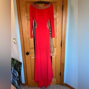 Mac Duggal Scarlet Long Sleeve Dress with Gold Accents